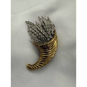 Vintage Two Tone Cornucopia Brooch Gold Silver Mixed Metal Harvest Wheat Pin